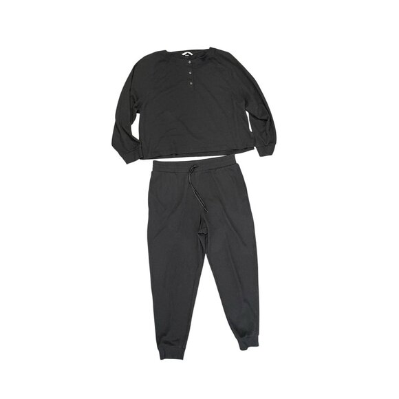 Victorias Secret Black Glow Waffle Henley Jogger Set Thermal Pajama 2 Piece L - Picture 1 of 6